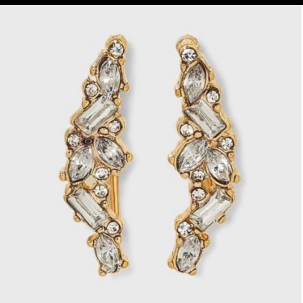 Gold Tone Crystal Crawler Earrings with Glass and Acrylic Stones That Sparkle - Picture 2 of 5